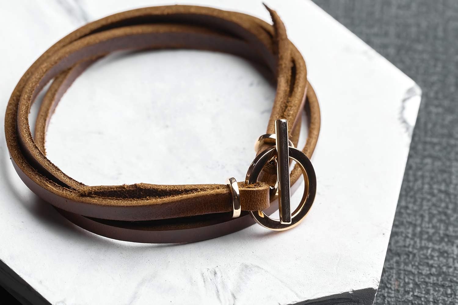 Rose gold Leather Bracelet for woman Leather Wrap Bracelet with Toggle Clasp and genuine leather handmade bracelet (Brown): Clothing