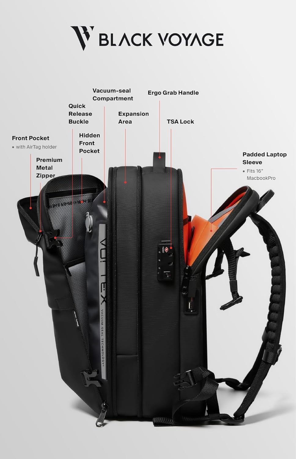 BlackVoyage Vortex Vacuum Seal Travel Backpack 60L Expandable Air Compression System Water Resistant TSA Lock Carry-On Suitcase Luggage Black AERO - Vacuum Pump Included