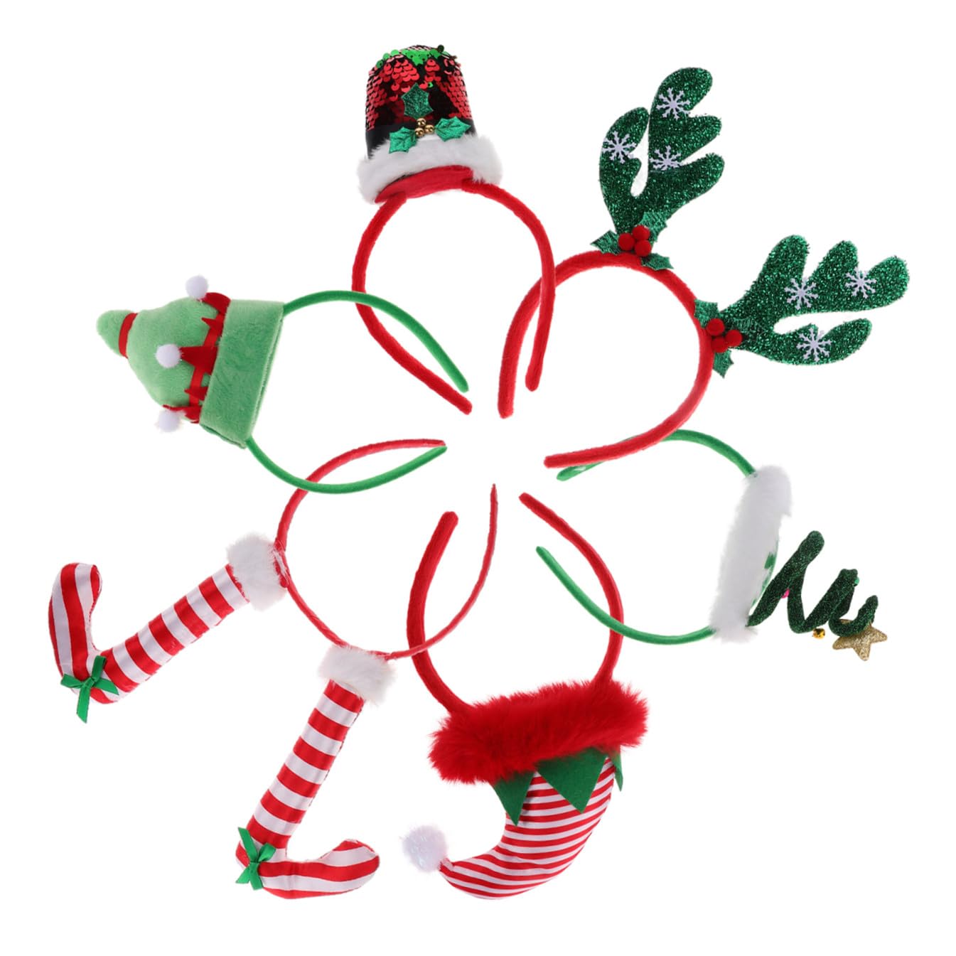 6pcs Christmas Headbands for Women, Antlers Elves Hats Tree Topper Candy Cane Headband Headdress for Christmas Party Costume