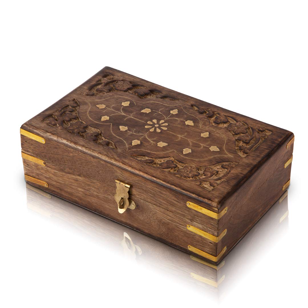 The Great Indian Bazaar Birthday Gift Ideas Handmade Decorative Wooden Jewellery Keepsake Box With Free Lock & Key Jewellery Organizer Treasure Chest Trinket Holder Lock Watch Box 8 x 5 Inch