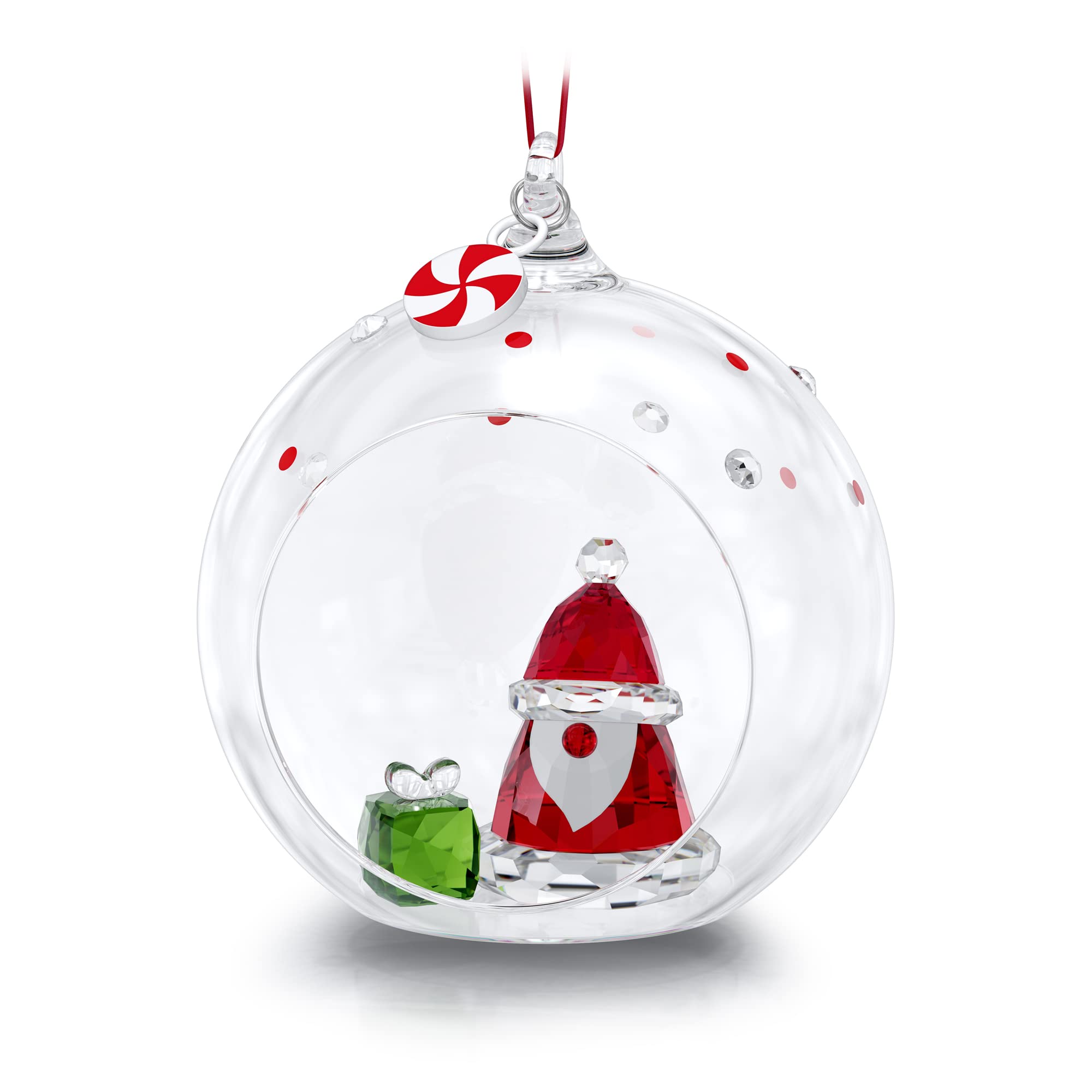 Swarovski Hanging Ball Ornament, Red, Green and Clear Crystal with Santa Claus and Present Figurines, from the Holiday Cheers Collection