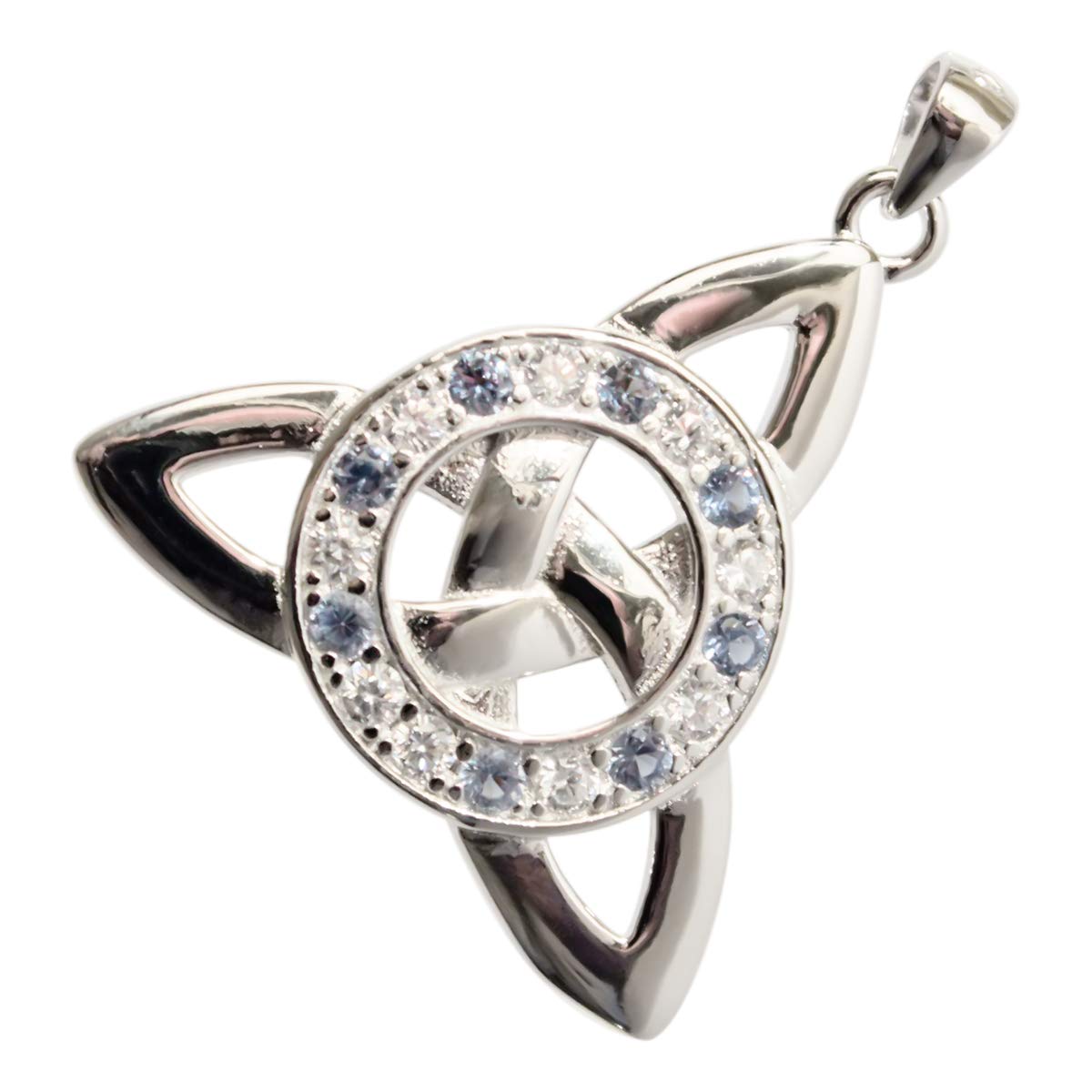 GWG Jewellery 925 Sterling Silver Celtic Trinity Knot and Circle Paved with Aquamarine Sea Blue Stones Pendant Necklace in Gift Box for Women