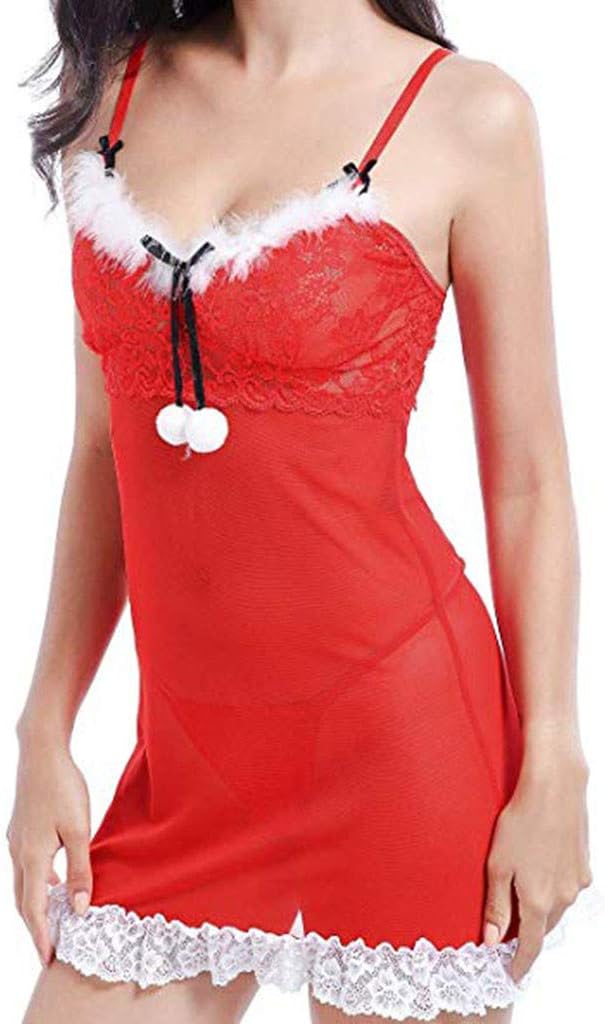 [by Yinsoouli] Women Christmas Lingerie Set Red Lace Bow Santa Babydoll Chemise