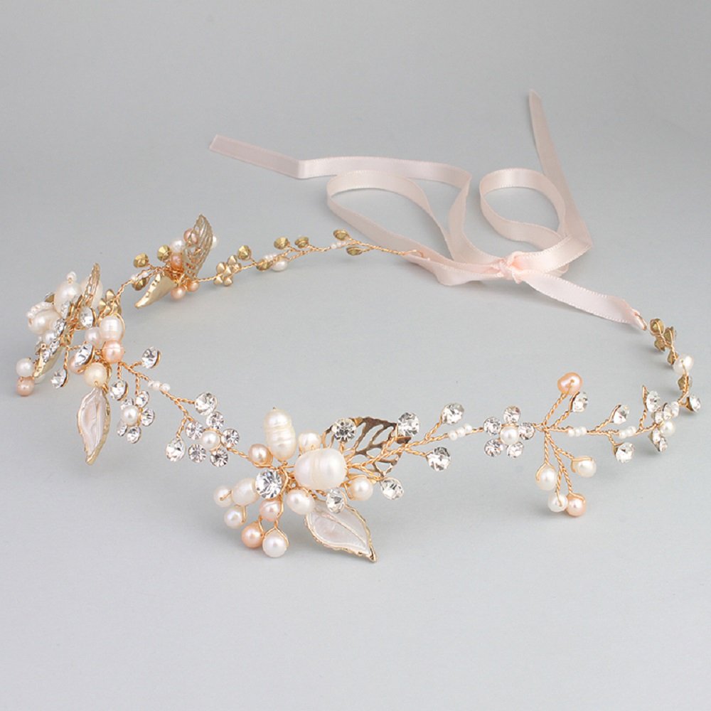 Mariell Freshwater Pearl Crystal Gold Wedding Headband Hair