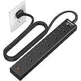 6FT Surge Protector Power Strip, 1700J, 5AC&amp;1A2C, Flat Plug Extension Cord | HOPOW Flat Power Strip, 0.33in ultra thin plug, 1250W, 1.57in spcing, wall mount, charging station for home office, black