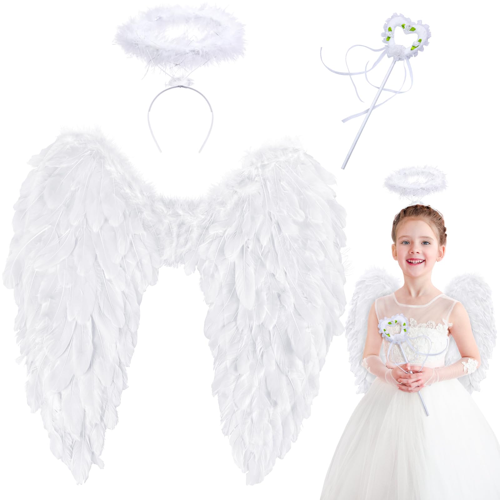 Takmor Angel Wings and Halo, Angel Costume for Woman Girls Adults Angel Accessories for Halloween Party Cosplay (white) (White 45 * 45cm)