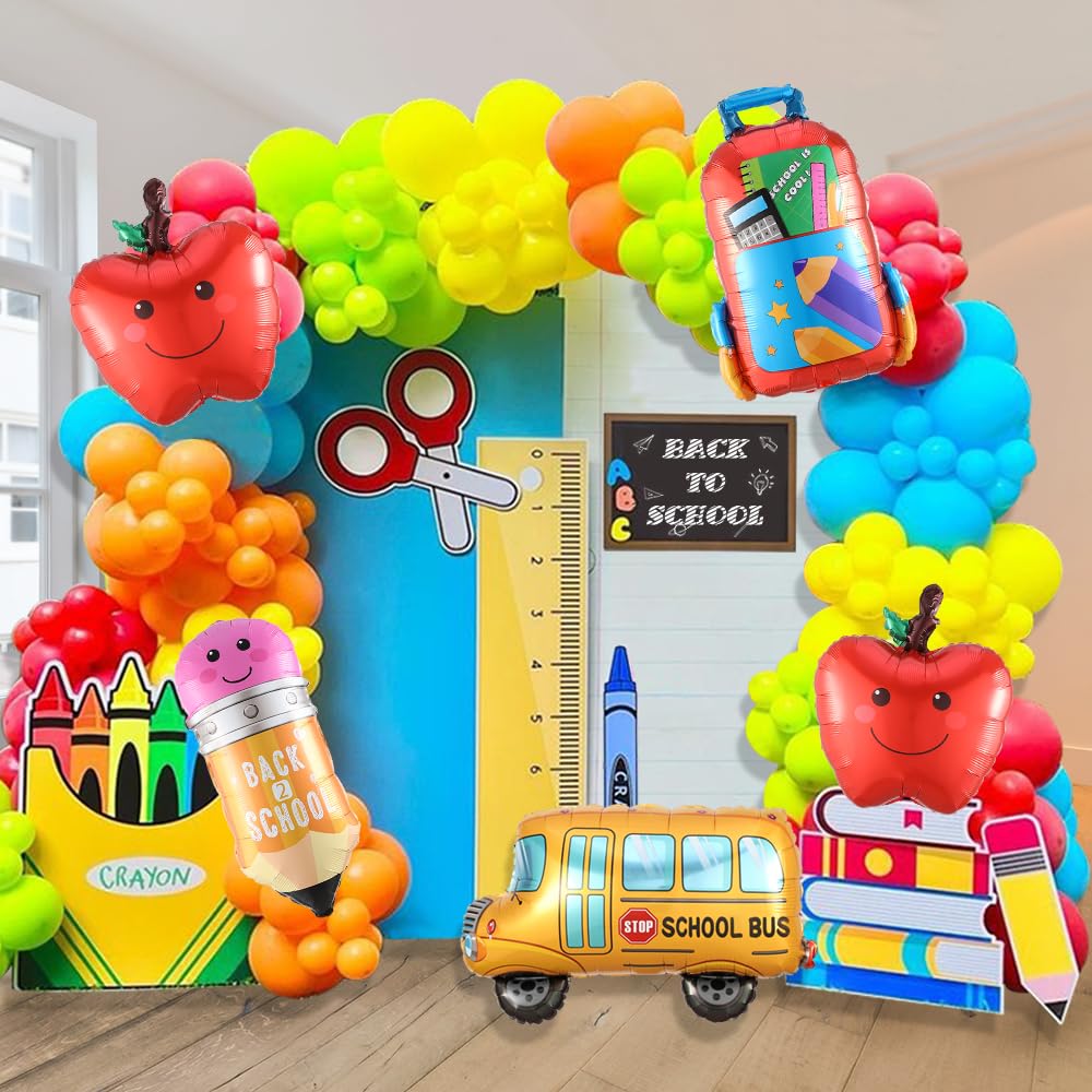 Photo 1 of 158pcs Back to School Balloon Garland Arch Kit, School Bus House Pencil Bag Foil Balloon with Rainbow Balloons for First Day of School Kindergarten Graduation Party Supplies