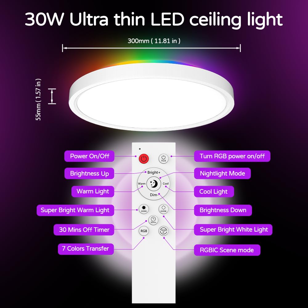 Digiray LED Smart Flush Mount Ceiling Light Fixture with Remote Control, 12 Inch 30W RGB Modern Ultra-Thin Round Close to Ceiling Light 2700K-6500K 3 Color for Bedroom Kitchen Living Room Hallway