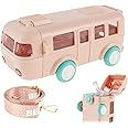 HOTBEST Car Straw Water Cup, 16oz Cute Bus Water Bottle with Shoulder Strap, Leak-Proof Kids Small Square Drinking Cup Cute Cartoon Water Jug Toy Locking Flip Lid Water Kettle for Kids Gift (Pink)