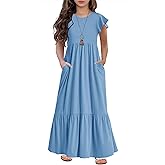 HOSIKA Girls Summer Ruffle Short Sleeve Crew Neck Loose Casual Flowy Tiered Maxi Dress with Pockets for 6-12 Y