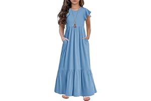 HOSIKA Girls Summer Ruffle Short Sleeve Crew Neck Loose Casual Flowy Tiered Maxi Dress with Pockets for 6-12 Y