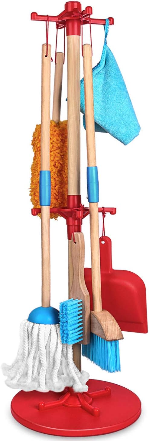 super joy Kids Cleaning Set 7 Piece - Wooden Detachable Toy Cleaning Set Includes Kid-Sized with Housekeeping Broom, Mop, Duster, Clothes and Organizing Stand Play Kitchen Cleaning Tools for Kid Gift