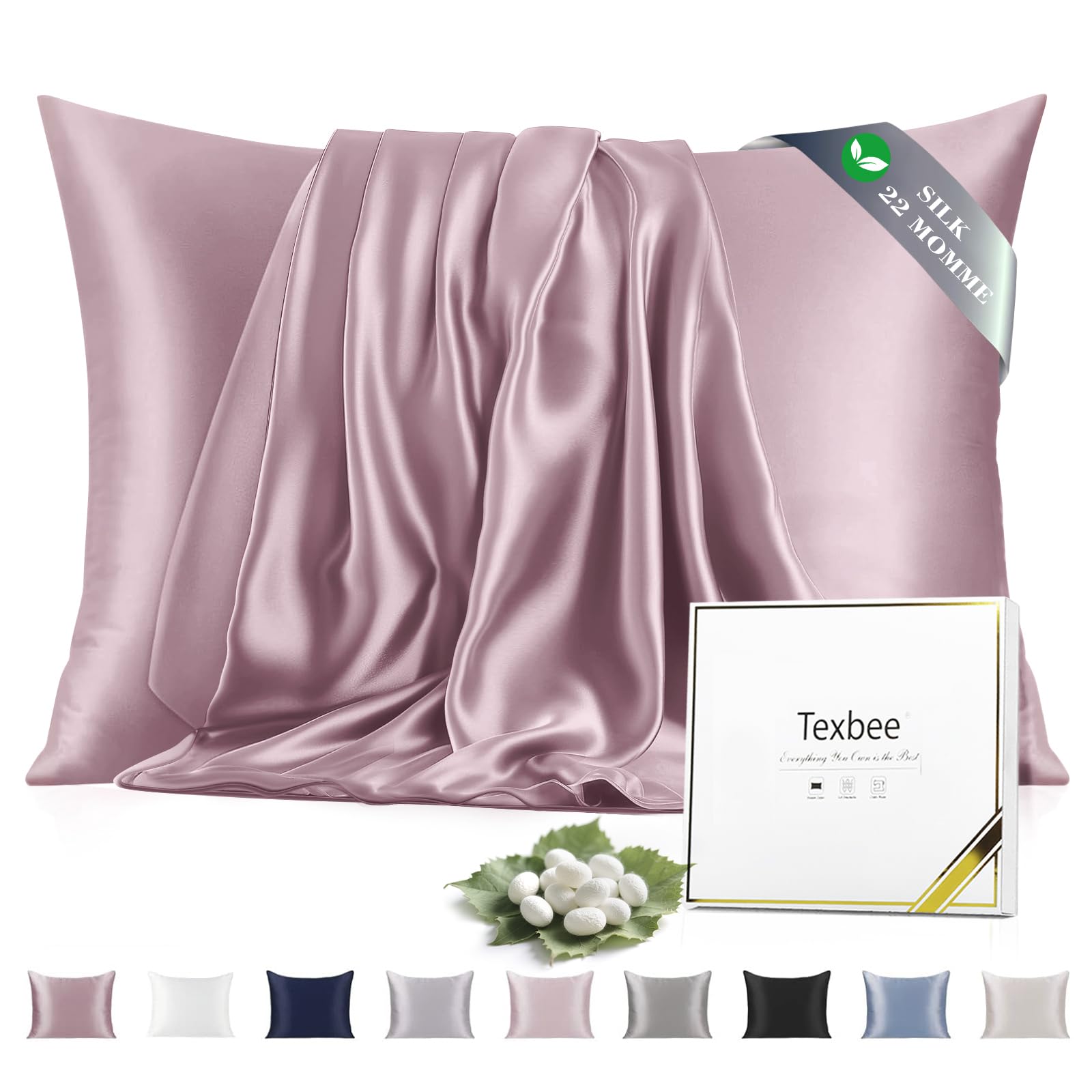 Texbee Silk Pillowcase, 22 Momme Mulberry Silk Pillowcases for Hair and Skin Health, Soft Smooth Breathable Cool Pure Pillow Case for Beauty Sleep, with Gift Box, 1pc (Standard 50x66 cm,Cinnamon Pink)