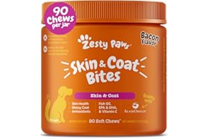 Zesty Paws Omega 3 Fish Oil for Dogs - Zesty Paw Dog Vitamins and Supplements for Hip, Joint & Skin, Bacon (90 Chews)