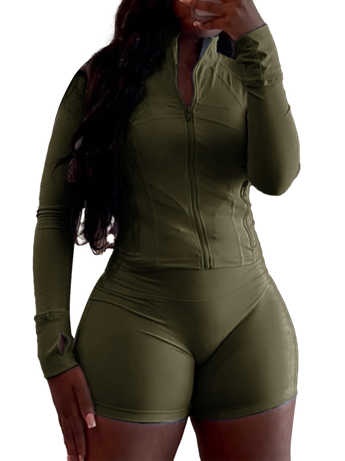 Photo 1 of XZLUFNY Two Piece Short Set Golf Long Sleeve Thumbholes form-Fitting Gym Jacket Drop Waist Legging Short Outfits Army L