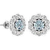 Dazzlingrock Collection 3.90 Ctw Round Aquamarine & White Sapphire Ladies Halo Fashion Stud Earrings, Sterling Silver