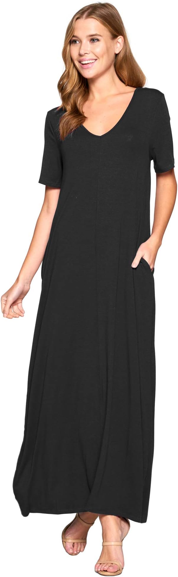 12 Ami Emma V-Neck Short Sleeve Maxi Dress w/Pockets (S-XXXL)