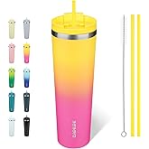 BJPKPK 34oz Stainless Steel Insulated Tumbler With lid And Straw Travel Coffee Thermal Tumblers Cup For Women And Men,Pink Yellow Rose