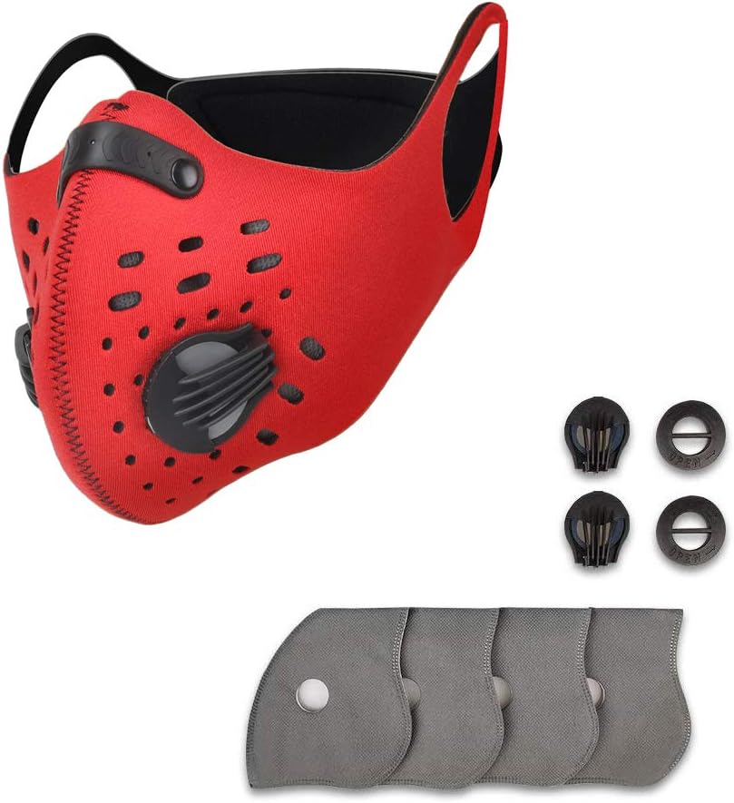 Dust Breathing Mask Reusable Activated Carbon Dustproof Mask with 4 Carbon N99 Filters for Pollen Woodworking Construction Mowing Running Riding Outdoor Activities (Red)