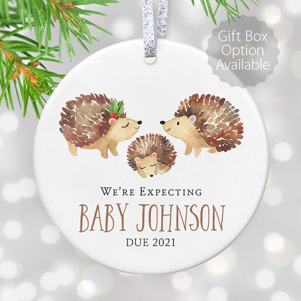 Amazon Com Pregnancy Announcement Ornament 2021 Expecting Parents Personalized Family Name Date Baby Shower Gift 3 Flat Circle Ceramic Ornament Gold Silver Ribbon Pgm Or 105d Handmade