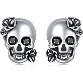 925 Sterling Silver Skull Stud Earrings - Gothic Rose Design with Black Diamond Eyes - Hypoallergenic, Perfect for Men, Women & Halloween Gifts