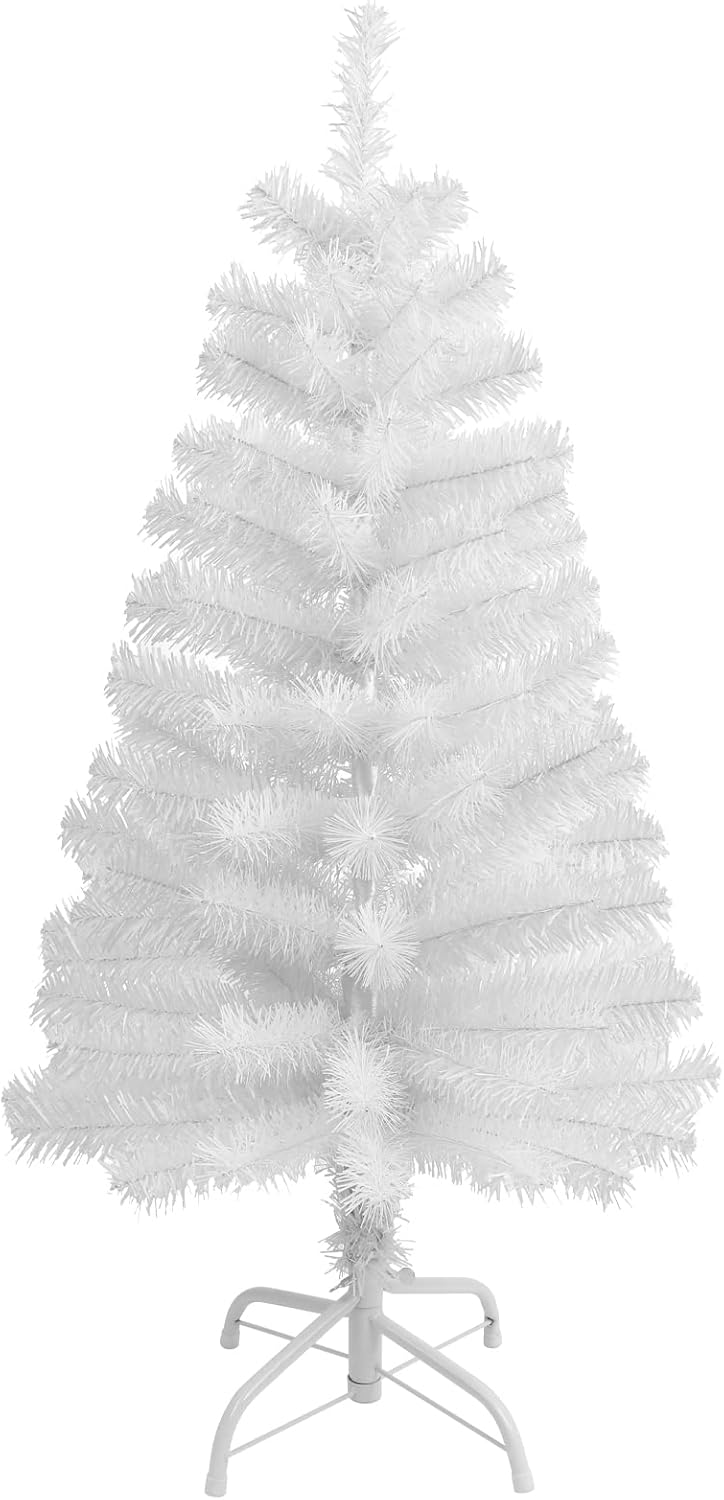 Trees - CCINEE 3Ft Artificial Christmas Tree, White Tabletop Hinged Christmas Tree with Metal Stand 130 Branch Tips Mini Christmas Tree for Xmas Party Supplies Home Indoor Decoration