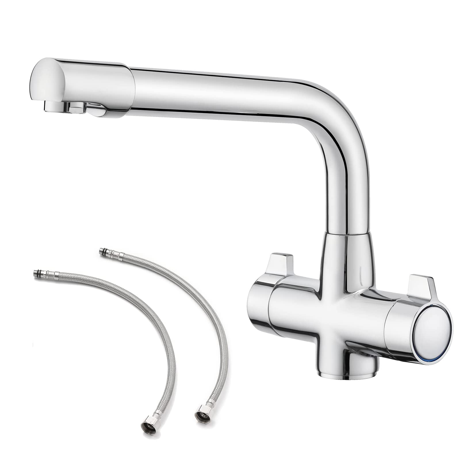 BATHWEST Kitchen Sink Tap, Chromed Brass 360° Swivel Spout Dual Handle Kitchen Taps, with Braided Hose 016A
