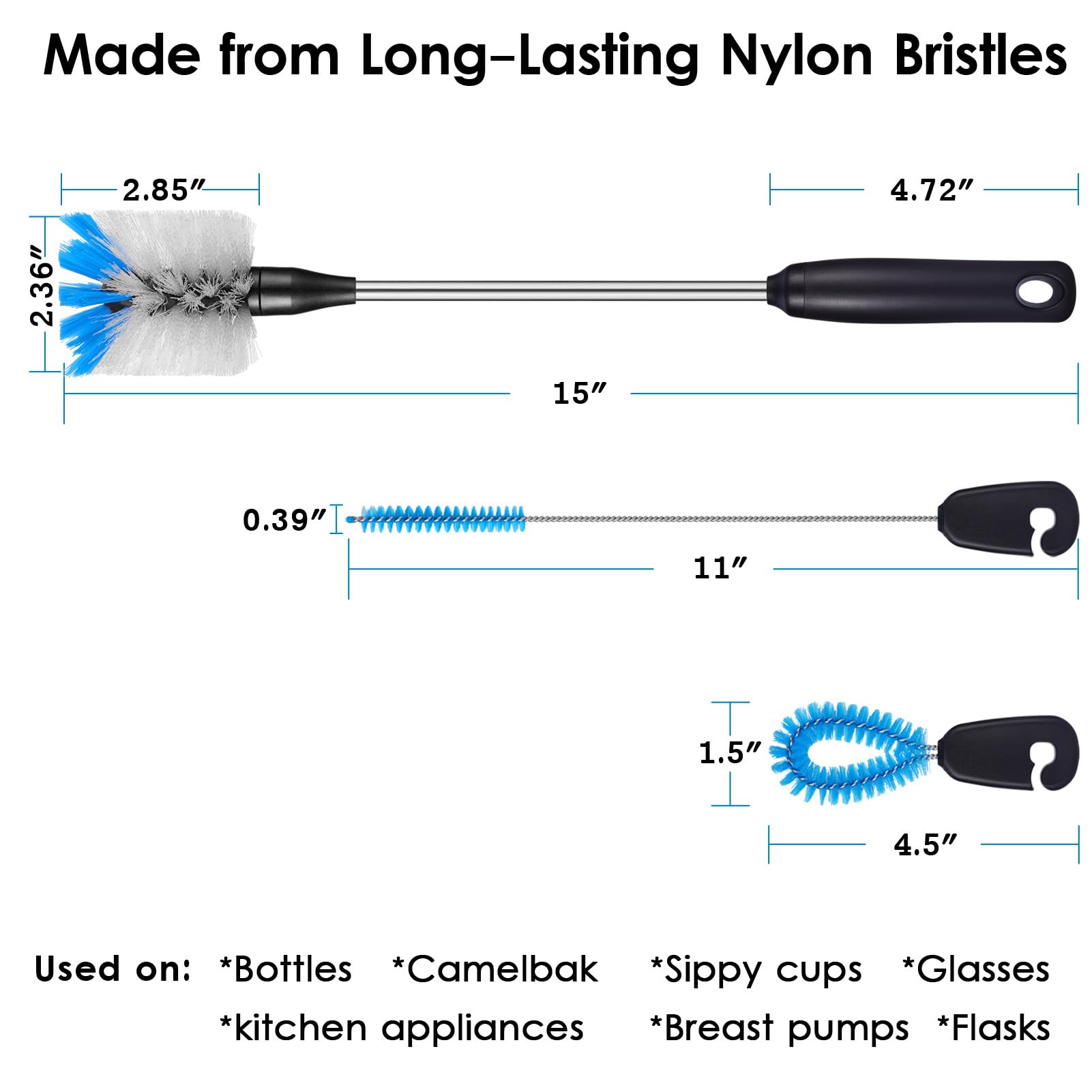 MOSOLAN 3-in-1 Stainless Steel Bottle Brush and Straw Cleaning Set, Long Handle Scrub Brush with Replaceable Head for Water Bottles, Glasswares, Mugs, Flasks, Tumblers, Vases, Flat Head