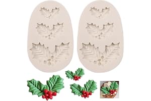 RHLOVY 2 Pcs Holly Leaves Molds Silicone,Leaf Fondant Molds for Christmas Candy Chocolate Cake Decorating DIY Cupcake,Sugar Craft,Flower Paste,Marzipan,Mousse,Sick Cookies,Clay,Resin