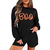 Opemiby Womens Ribbed Pajama Sets Long Sleeve Top and Shorts Matching Lounge Set Loungewear Sweatsuit with Pockets