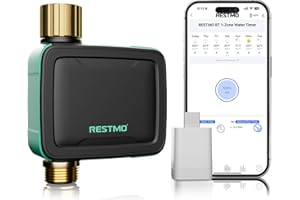 RESTMO Smart Water Timer with Flow Meter, Sprinkler Timer for Garden Hose, Brass Inlet & Outlet, Automatic Lawn & Yard Irriga