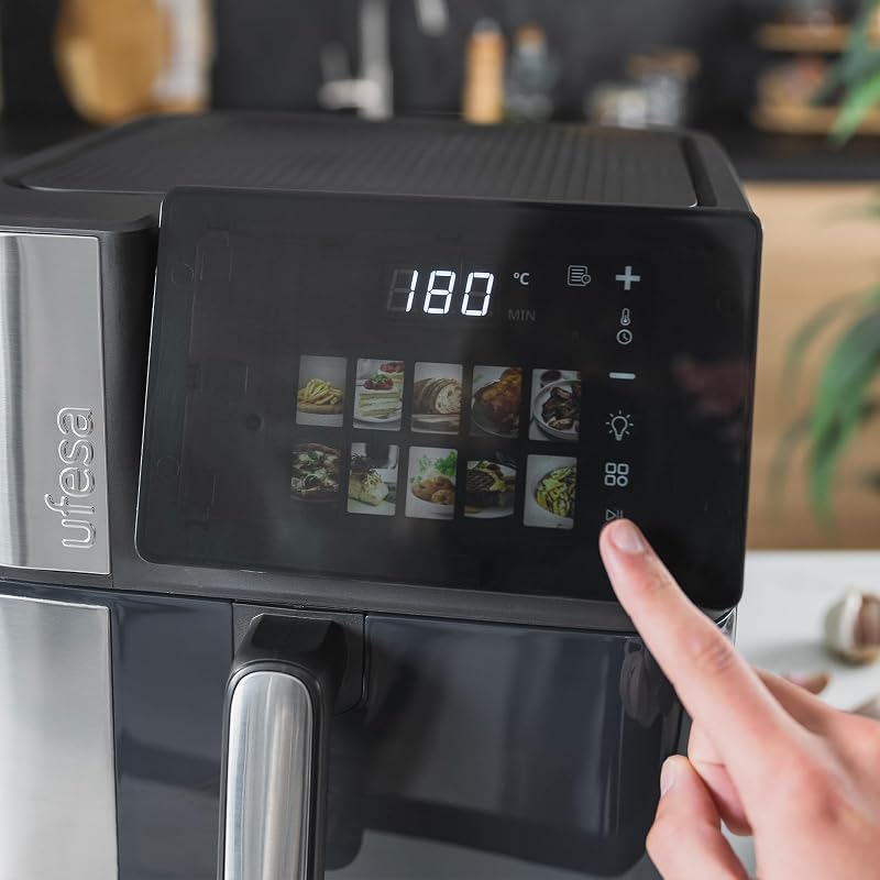 Friggitrice ad aria calda Macaw, 8,8 l, 2200 W, doppi elementi riscaldanti, cottura rapida e croccante, Air Pulse 360°, touch screen digitale, 10 programmi, finestra con luce, teglia
