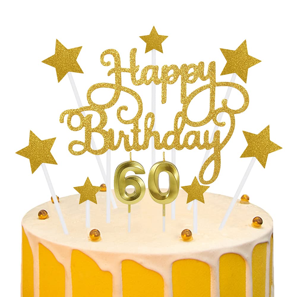Lifreer 60th Gold Cake Decorations Including Happy Birthday Cake Toppers, Stars Topper and 60th Birthday Number Candles for Birthday Party Anniversary Wedding (Glitter Gold)