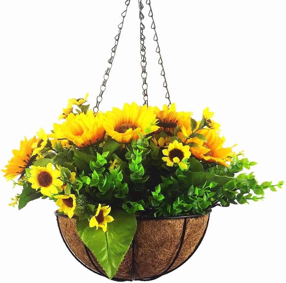 Mynse Set of Hanging Basket with Artifcial Sunflowers and