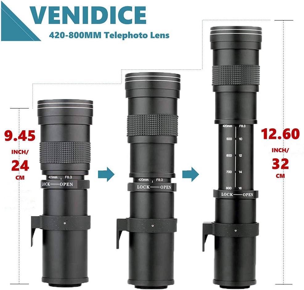 Venidice 420800mm F8.3 Telephoto Zoom Lens, Manual Focus with TMount