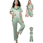 WJing Yi Jia Womens Pajama Sets 3Pcs Silk Satin Pajamas Set XS-2XL Sleepwear Silky Pj Sets Nightwear Pjs Loungewear