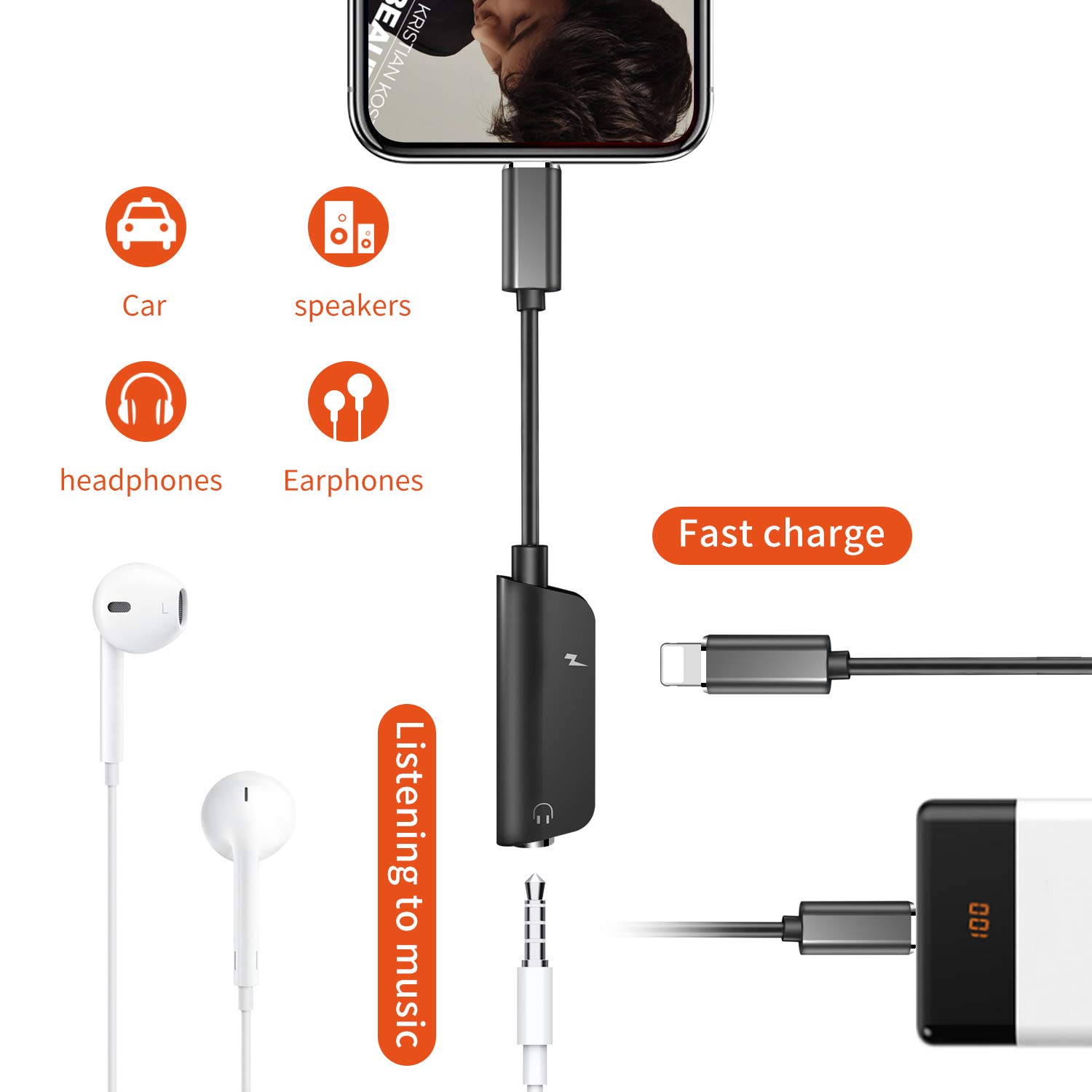 Adaptateur Jack pour iPhone 7, Adaptateur de Casque Aux Jack 3.5 mm Prise de Casque Splitter Compatible iPhone 7/7 Plus/8/8 Plus/XS/XR 2 en 1 Adaptateur pour iOS 12