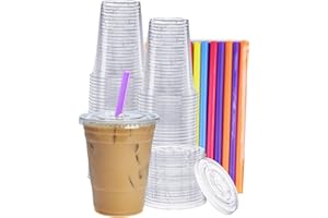 GUSTO [16 oz. - 100 Count Clear Cups with Flat Lids & Straws - Disposable Clear Drinking Cups for Iced Coffee, Cold Drinks, Milkshakes, and Smoothies - Formerly Comfy Package