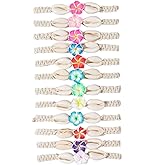 Pingyongchang 12Pcs Hawaiian Plumeria Rubra Seashell Bracelets Cute Handmade Flower Shell Starfish Braided Friendship Bracelet Set for Women Boho Beach Vacation Holiday Jewelry Gift