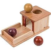 Adena Montessori Object Permanence Box, 3 Wooden Balls, Natural Wood | Wooden object permanence box with tray and 3 balls for hand-eye coordination, fine motor skills, and cause-and-effect play