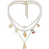 MJartoria Gold Layered Necklaces for Women Trendy Balloon Initial Pendant Chunky Pearl Chain Charm Necklaces Jewelry Birthday Gifts