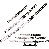 3 Piece Set Samurai Sword Metal Sword Plastic Sheath Black/White/Blue with Display Stand Katana