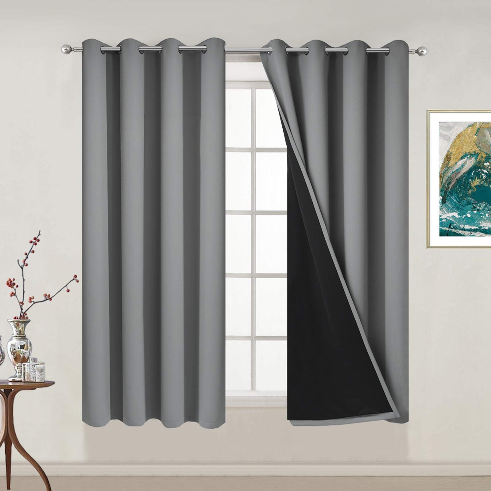Photo 1 of Yakamok Thermal Insulated 100% Blackout Curtains for Bedroom, Heat and Full Light Blocking Drapes with Black Liner for Living Room, 54 inches Length (Grey, 2 Panels, 52 inches Wide Each Panel)