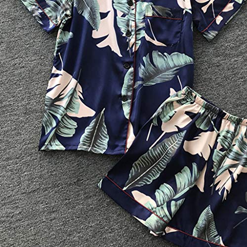 Women Simulation Silk Printing Pattern Pajamas Short Sleeve Sleepwear V Neck Nightwear Set Navy - Thumbnail 4