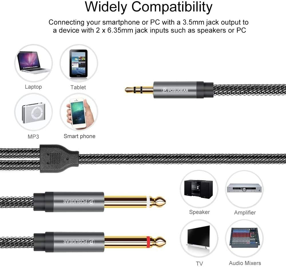 POSUGEAR 3.5mm to 6.3mm Mono Cable 1m, 1/4 to 1/8 Inch Male to Male Audio Splitter Nylond Braid and Gold-Plated Cable - Image 5
