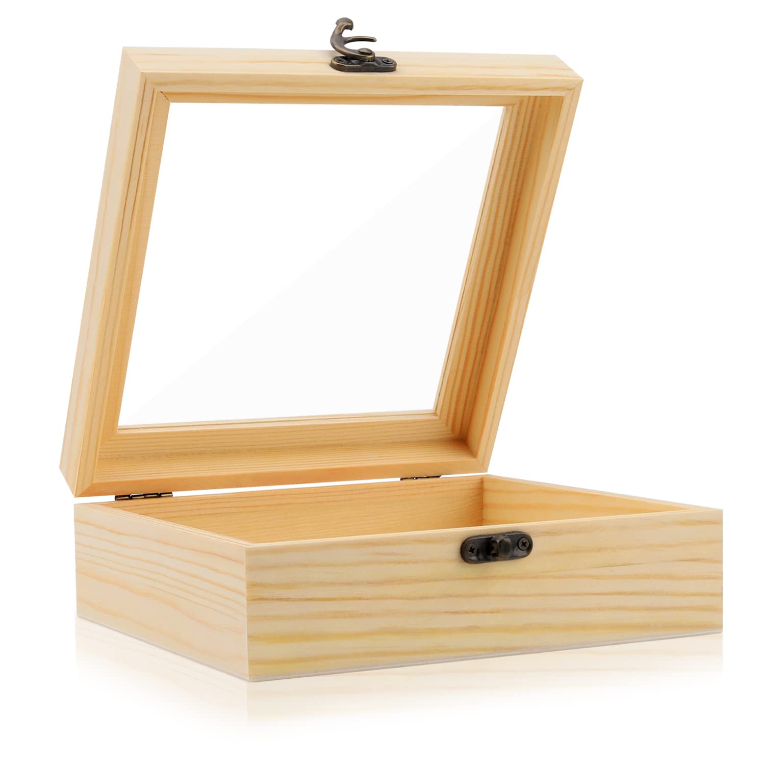 Photo 1 of Pine Wood Box - Extral Large Natural Wooden Storage Box with Hinged Lid and Front Clasp for DIY Craft, Art, Hobbies (7.9 x 7.9 x 3.1 In)