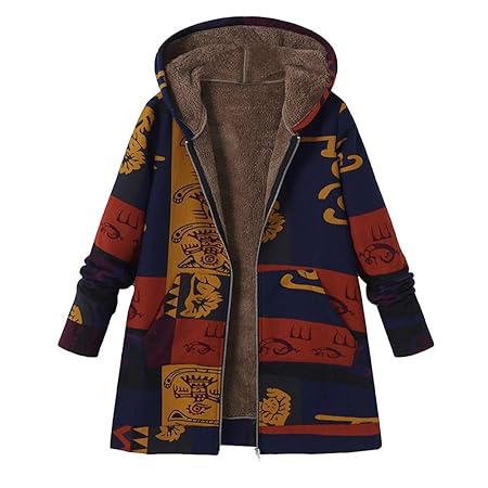 Damen Vintage Mäntel,Felicove Winter Warm Outwear Floral Print Hooded Taschen Oversize Mantel Frauen mit Kapuze Langarm Baumw