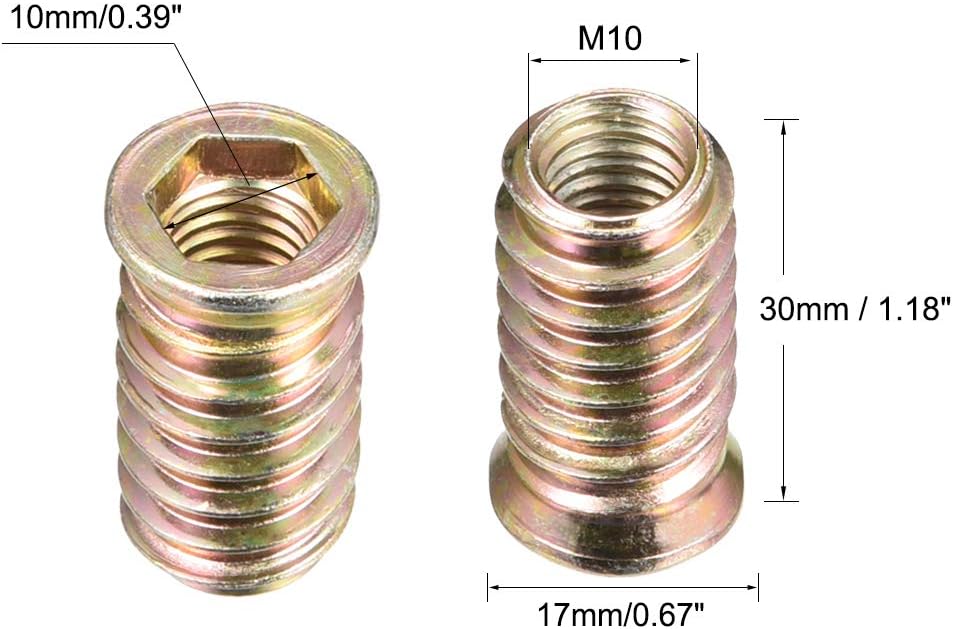 sourcing map Wood Furniture M10x30mm Threaded Insert Nuts Interface Hex Socket Drive 5pcs, Brown, M10x30mm-5pcs - Image 4