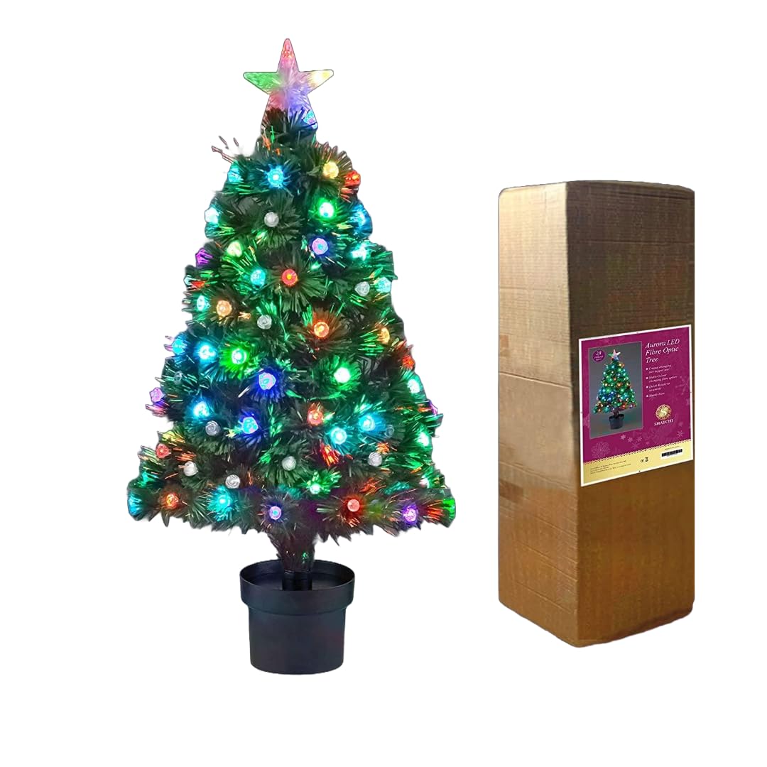 2Ft/60cm Fibre Optic Christmas Tree with Star Topper - Diamond LED Lights Decorations - Pre-Lit Green Artificial Xmas Tree - Multicolor Changing Lights