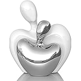 LINYTHER Ceramic Couple Figurine, Modern Abstract Embracing Lovers Sculpture for Shelves, Console & TV Stand Decor, Small Heart-Hug Statue, Anniversary & Wedding Gift for Couples – White and Silver